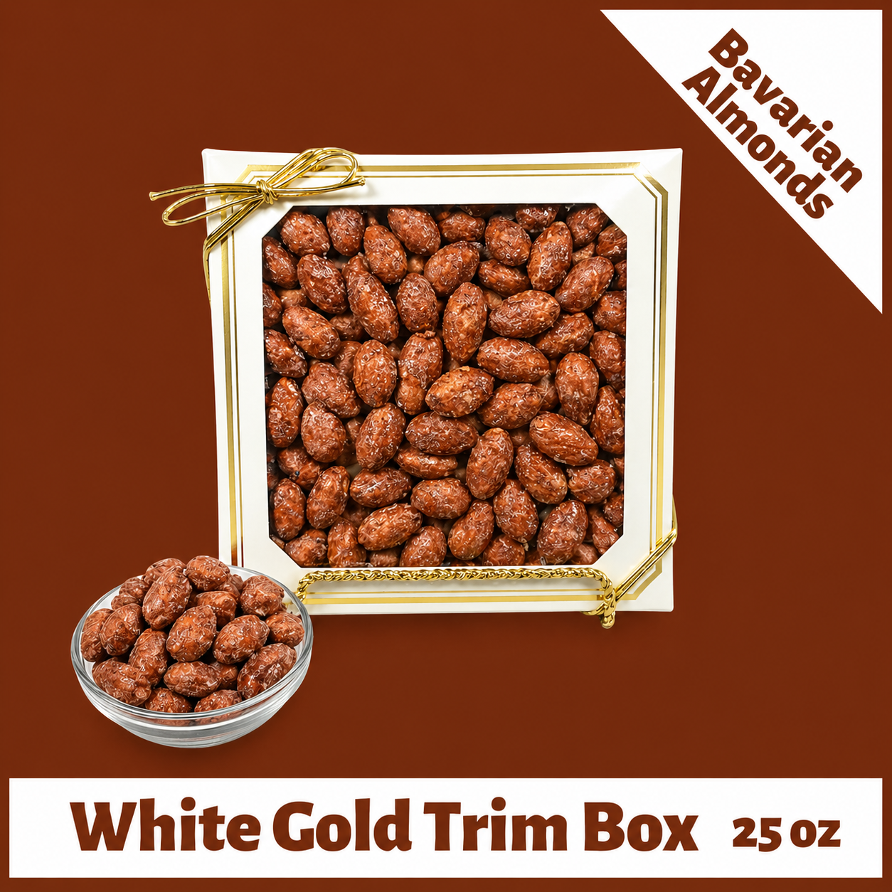 Bavarian Roasted Almonds-  25 oz White with Gold Trim Box