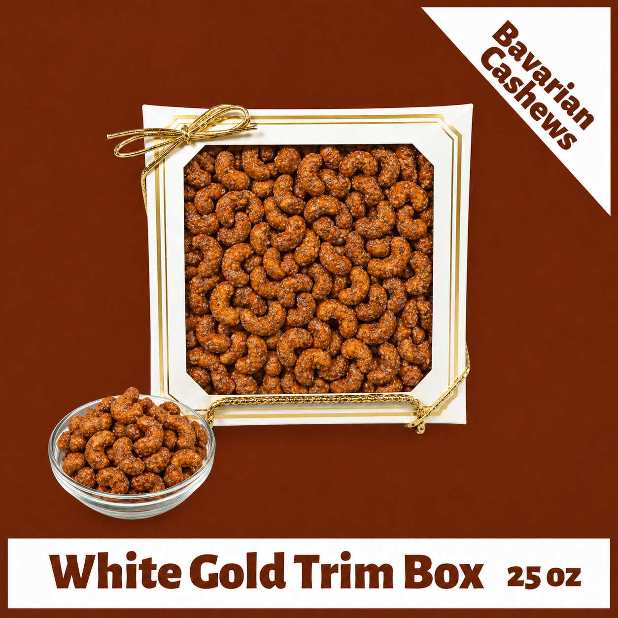 Bavarian Roasted Cashews -  25 oz White with Gold Trim Box